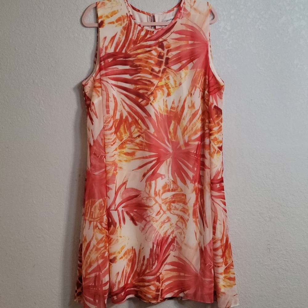 Calvin Klein Coral and Yellow Tropical Print Sleeveless Dress
